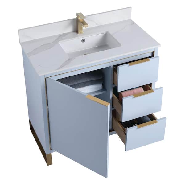 FINE FIXTURES Opulence 36 in. W x 18 in. D x 33.5 in H. Bath Vanity in Pastel Blue with White Carrara Single sink Top