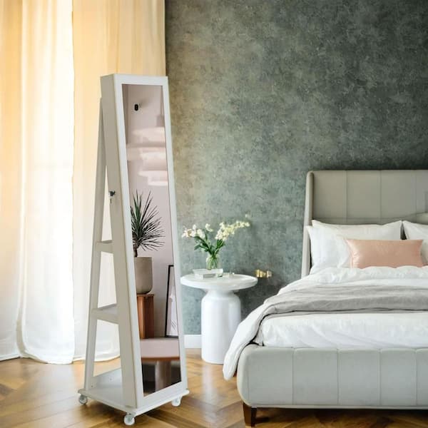 Afoxsos White 14.2 in. W x 43 in. H 360° Swivel Jewelry Armoire Full Length Mirror with Lock and Back Storage Shelves
