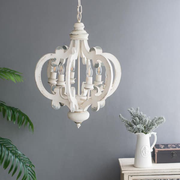 CottaIron 6-Light Distressed White Pendant with Adjustable Chain Wood Chandelier for Hallway, with No Bulbs Included