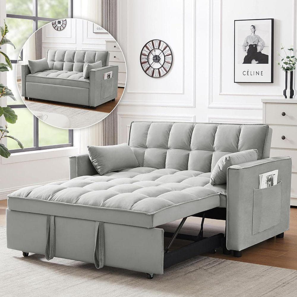 55 in. W 3-in-1 Convertible Velvet Sleeper Sofa Bed with 2 Pillows, Gray, 2-Seater Loveseat