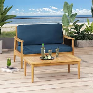 2-Pieces Wooden Outdoor Loveseat plus Coffee Table for Backyard Patio Garden with Blue Cushions Teak Color