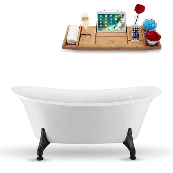 Streamline 67 in. Acrylic Clawfoot Non-Whirlpool Bathtub in Glossy White With Matte Black Clawfeet And Glossy White Drain