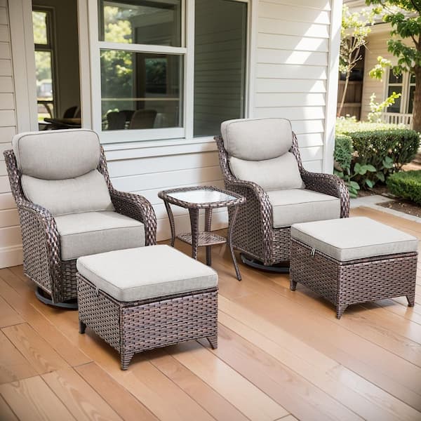 Arcadia Brown 5-Piece Wicker Swivel Rocker Patio Conversation Set with 6 in. Thick Beige Cushions and Ottomans