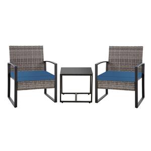 3-Piece PE Wicker Outdoor Sectional Sofa Couch Furniture Set with Washable Gray Cushions and Glass Table for Patio