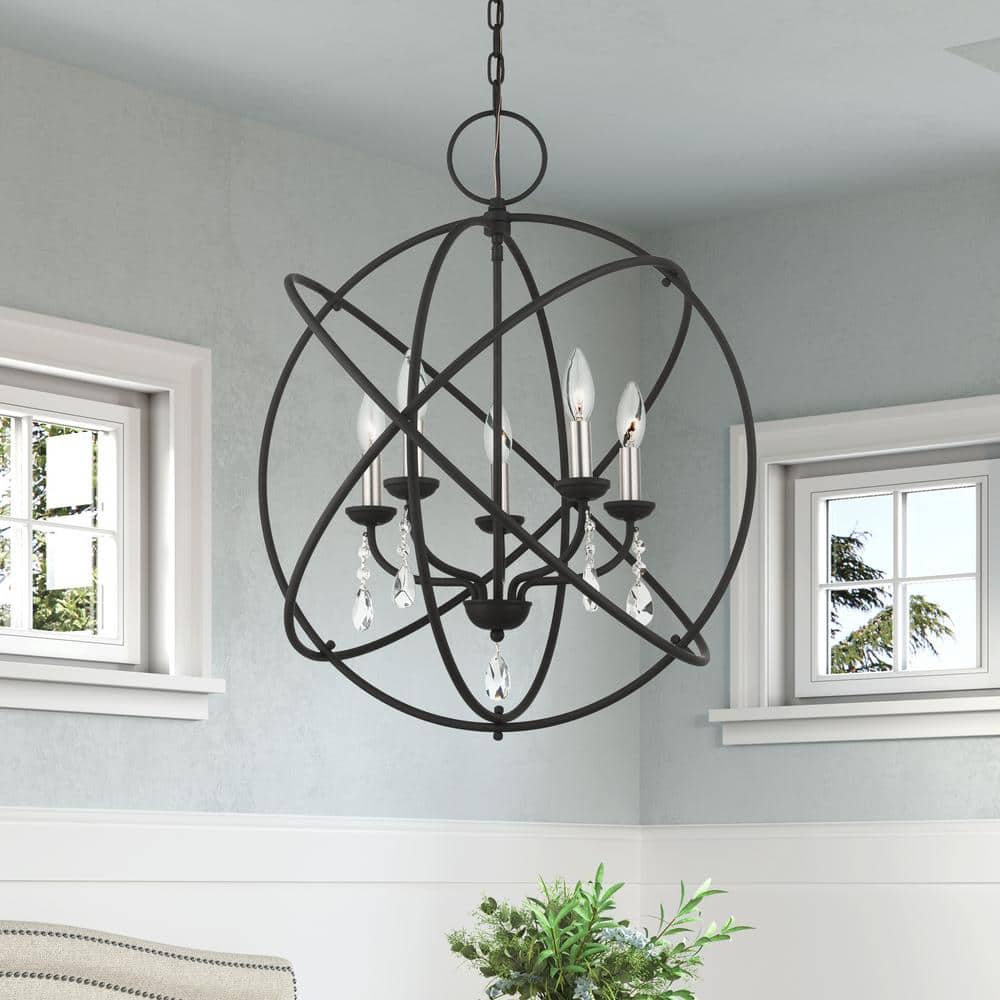 Mini Black Crystal 5-Light Chandelier with Faceted Teardrops