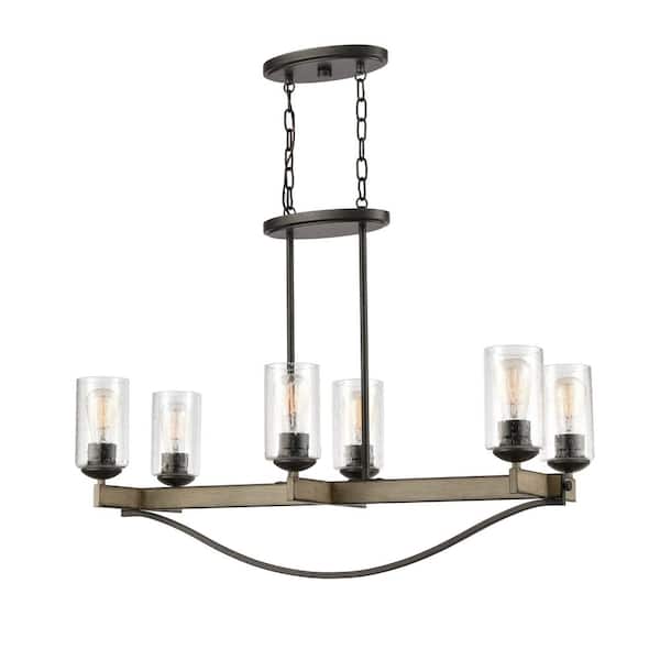 ELK Lighting Prescott 6-Light Anvil Iron 2 Row Linear Chandelier with Clear Seeded Glass Shades