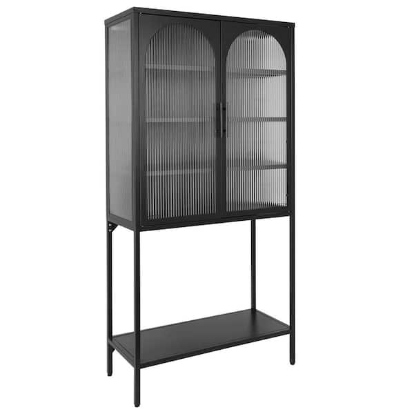 Miscool Anky 31.5 in. W x 13.8 in. D x 63 in. H Black Freestanding Bathroom Linen Cabinet with Glass Arched Doors