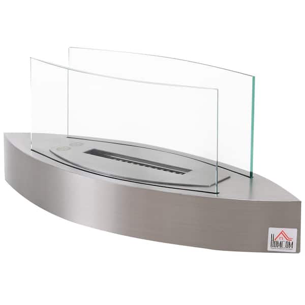 Silver 23.5" x 7.75" x 9.5" Indoor Steel Glass Tabletop Fireplace Glass
