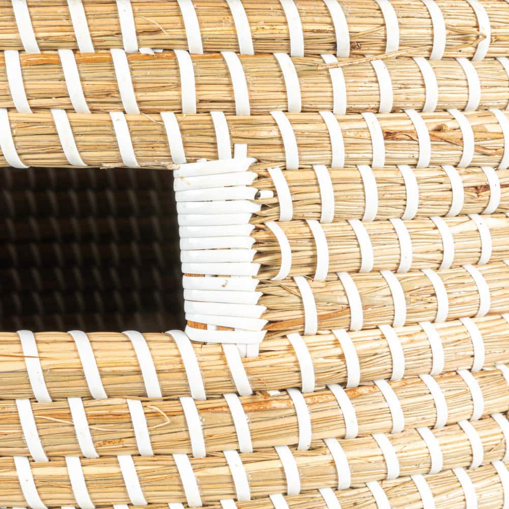 Natural Seagrass and White Wood Round Drum Side Table Set