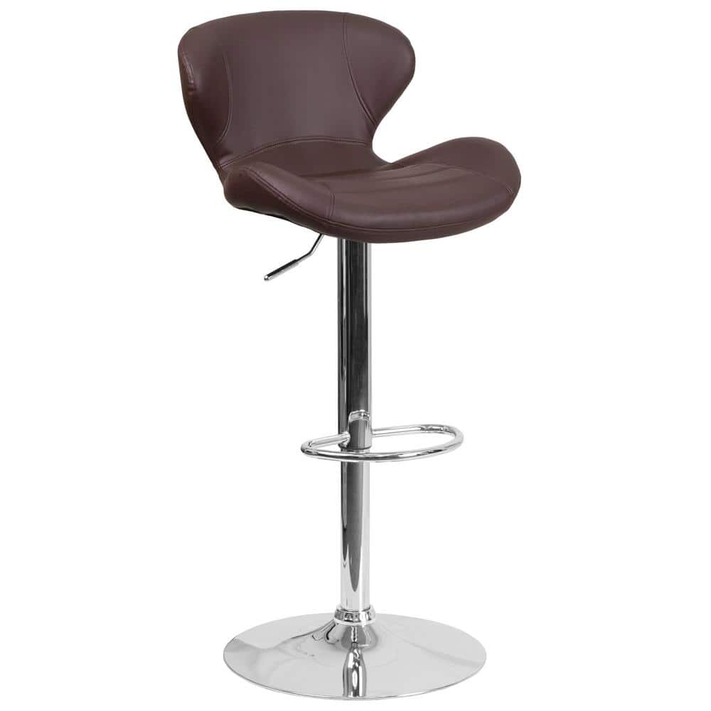 Curvaceous Brown Vinyl Adjustable Swivel Barstool with Chrome Base