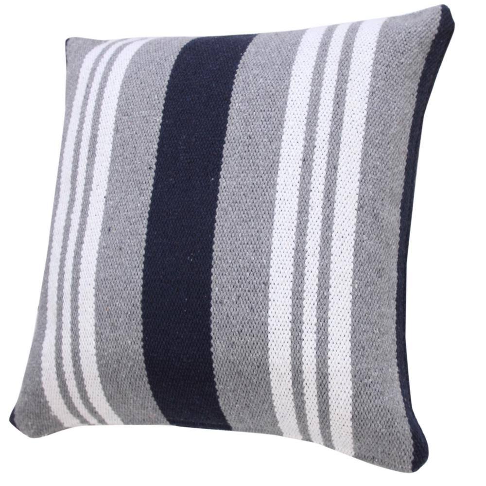 Navy Gray White Cotton Striped Square Throw Pillow
