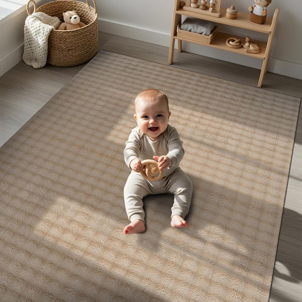 Aurora 4 ft. x 6 ft. Beige Non-Slip Rubber Back Washable Polyester Checker Indoor Area Rug