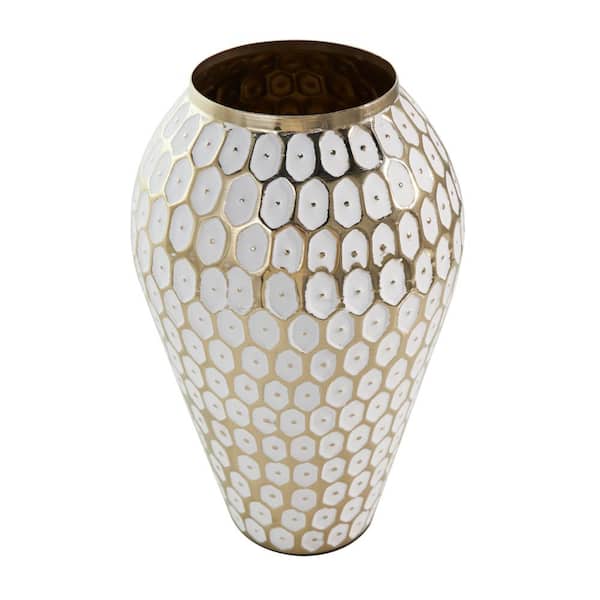 Litton Lane 11 in. Gold Geometric Dot Metal Geometric Decorative Vase with White Accents