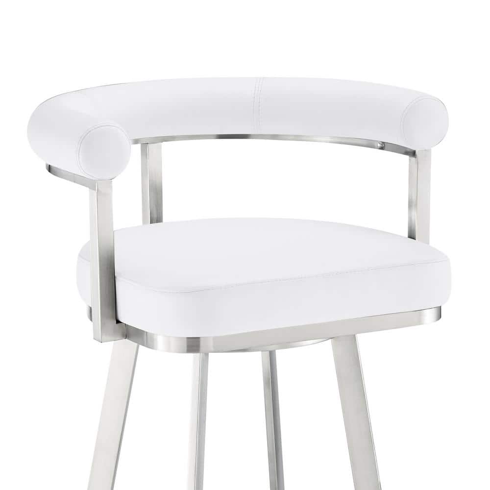 White Faux Leather Swivel Counter Stool with Brushed Stainless Steel Frame