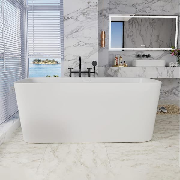 INSTER MUSE 59 in. Elegant Tub Acrylic Flatbottom Freestanding Non-Whirlpool Included Center Drain Bathtub in White