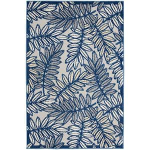 Aloha Ivory/Navy Botanical Contemporary Indoor/Outdoor Patio Rug