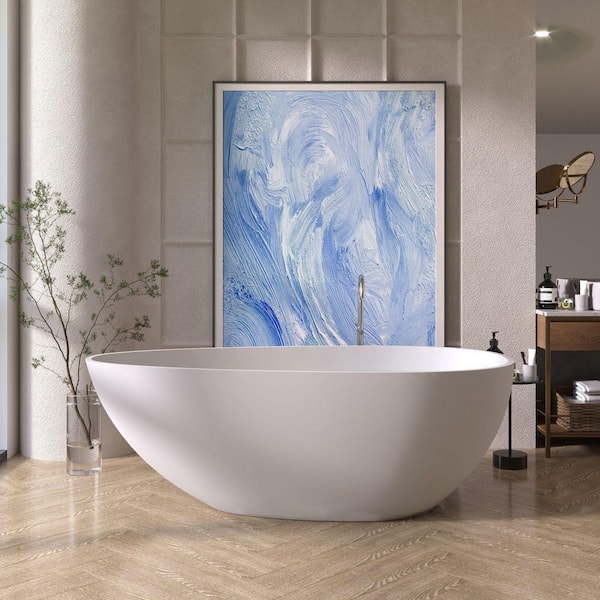 Foyil 59 in. x 31 in. Solid Surface Stone Resin Flatbottom Freestanding Bathtub Soaking Bathtub in Matte White