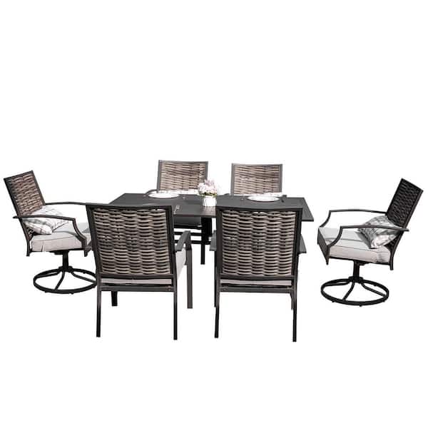 7-Piece Metal Outdoor Dining Set with Light Gray Cushions, Swivel & Stationary Chairs-Premium Wicker Back