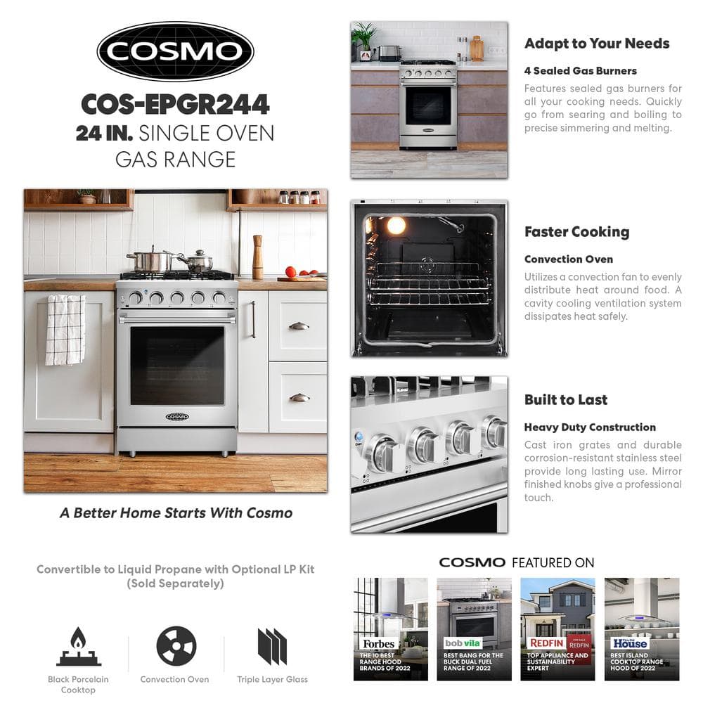 24-inch Stainless Steel Gas Range with Convection Oven and Cast Iron Grates