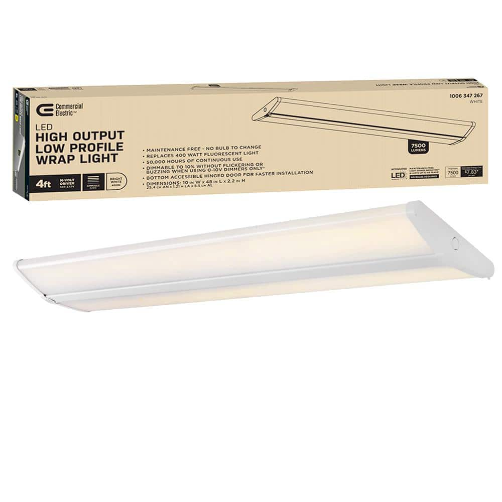 Commercial Electric 4 ft. 7500 Lumens LED Wraparound Light Garage Light Shop Light Office 120 277v 4000K Bright White 0 to 10 Volt Dimmable 568031410