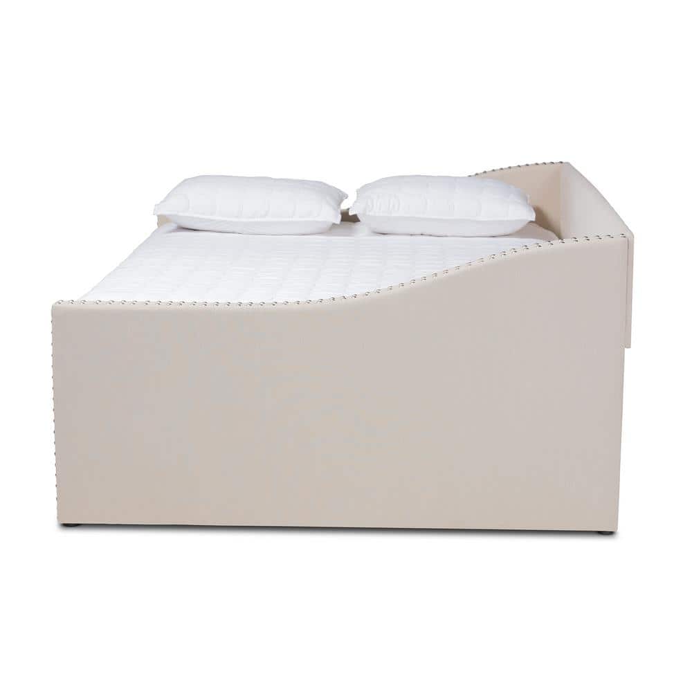 Beige Queen Wood Frame Upholstered Daybed with Nailhead Trim