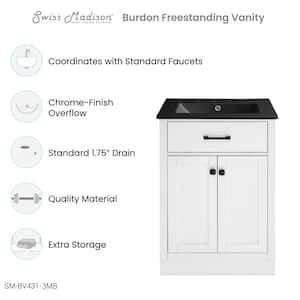 Burdon 24 in. W White Bathroom Vanity With Black, 3-Hole Ceramic Sink Top