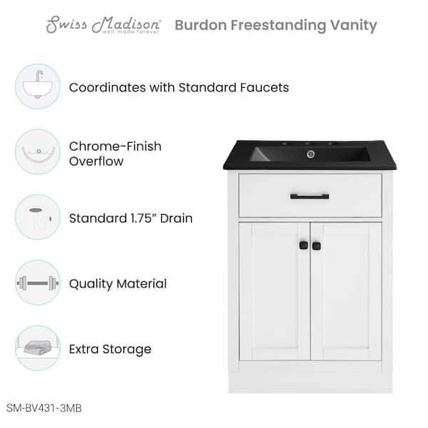 Burdon 24 in. W White Bathroom Vanity With Black, 3-Hole Ceramic Sink Top