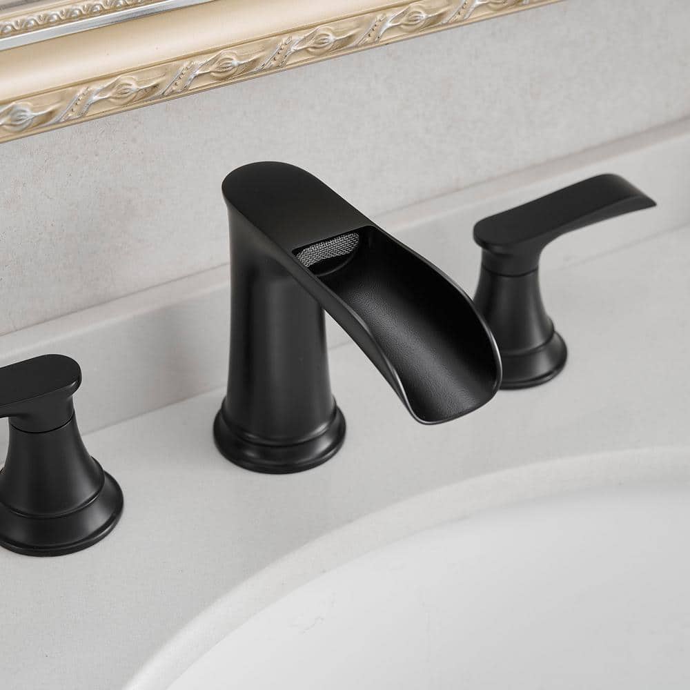 Matte Black Brass 8-Inch Widespread Waterfall Bathroom Faucet