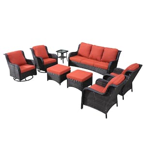 Erie Lake Brown 8-Piece Wicker Patio Conversation Seating Sofa Set with Orange Red Cushions and Swivel Rocking Chairs