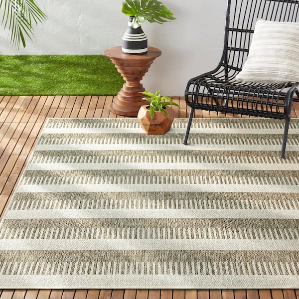 Patio Country Charlotte Taupe/Ivory 5 ft. x 7 ft. Modern Striped Indoor/Outdoor Area Rug