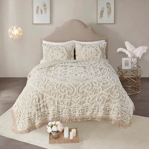 Virginia 3-Piece Taupe Cotton Tufted Chenille Medallion Fringe Full/Queen Coverlet Set