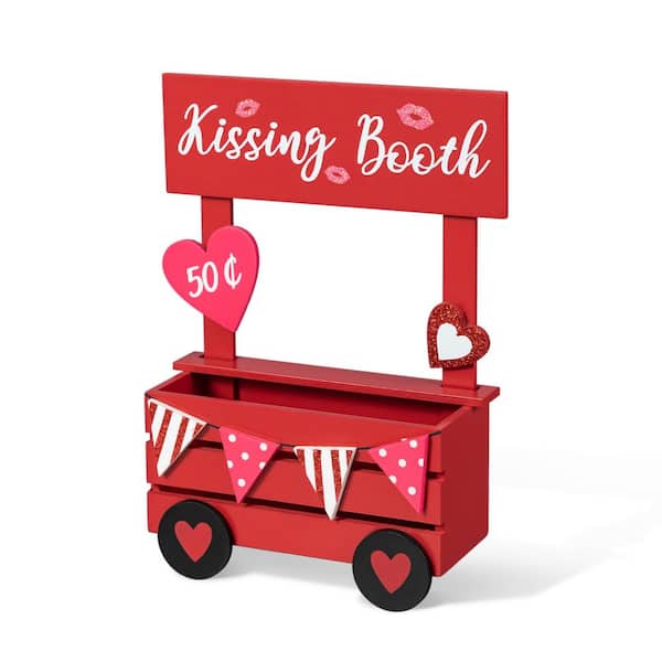 Glitzhome 10 in. H Valentine's Wooden KISSING BOOTH Table Decor