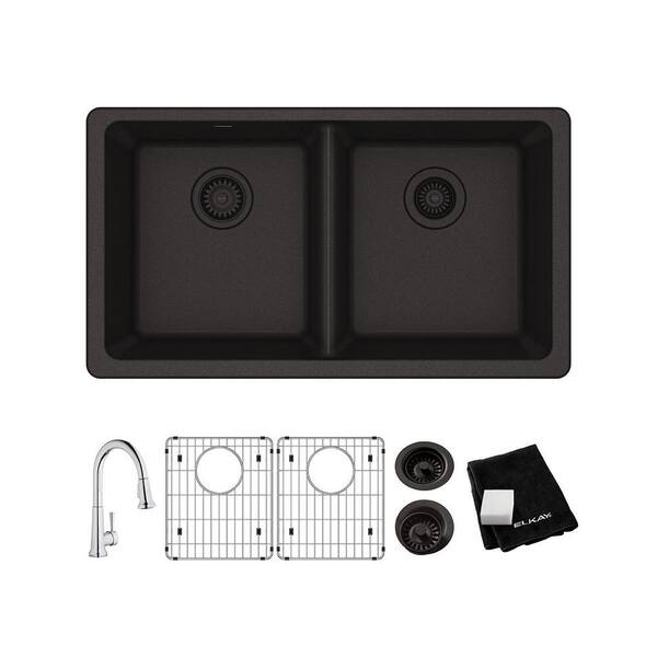 Elkay Quartz Classic Black Quartz 33 in. Equal Double Bowl Undermount Kitchen Sink with Faucet, Bottom Grid and Drain
