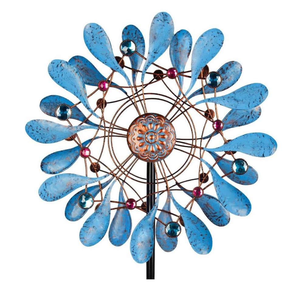 Large Blue Metal Kinetic Wind Spinner with Gem Accents