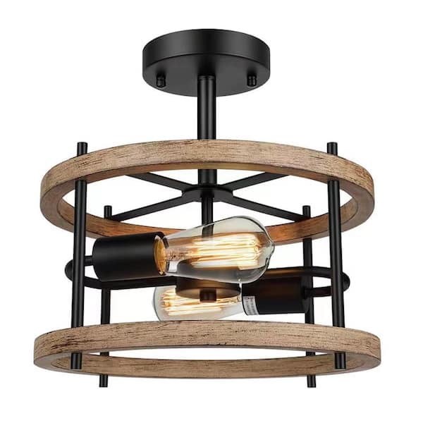 TAIFOND 12.8 in. 2-Light Imitation Wood Grain Rustic Retro Semi-Flush Mount