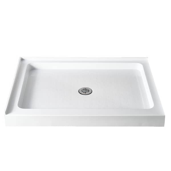 48 in. L x 36 in. W Double Threshold Left Corner Shower Pan Base with Center Drain Hole in White Acrylic Shower Tray