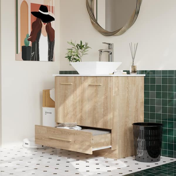 29.9 in. W x 18.8 in. D x 33.6 in. H Ready to Assemble Wooden Floor Kitchen Cabinet in Beige Wood Grain with Sink
