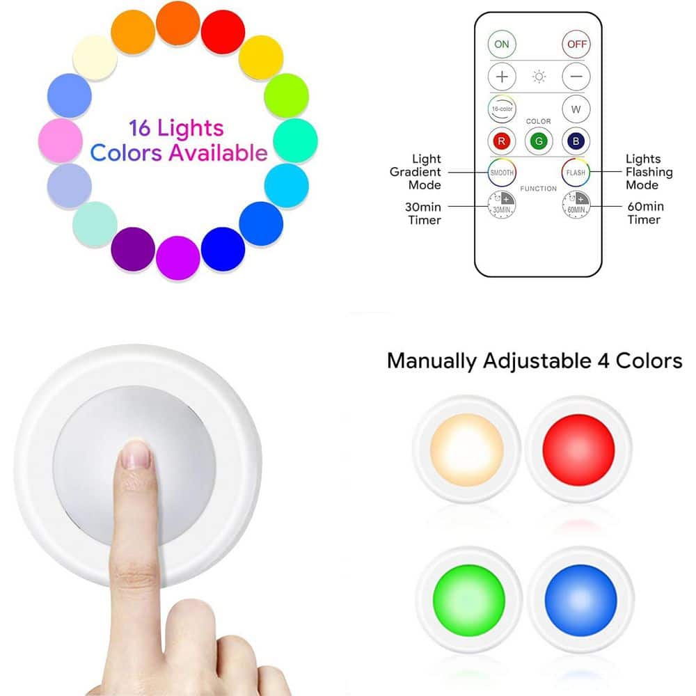 White Plastic Remote-Controlled LED Puck Lights, 12-Pack