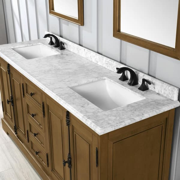Clinton 72 in. W Double Vanity in Almond Latte with Natural Marble Vanity Top in White with White Sink