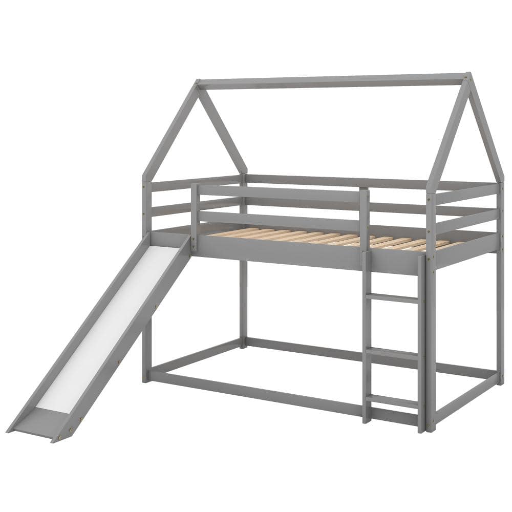Nestfair Gray Wood Twin over Twin Bunk Bed with Slide and Ladder ...