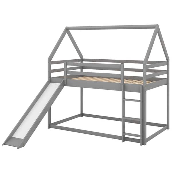 Nestfair Gray Wood Twin over Twin Bunk Bed with Slide and Ladder ...