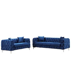 Modern Contemporary 2-Piece of Loveseat and Sofa Set with Deep Button Tufting Dutch Velvet Top in Blue