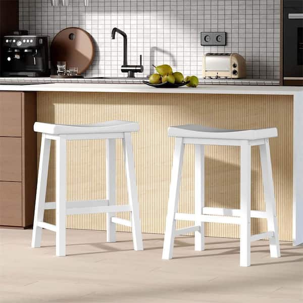 Costway 24 in. White Wooden Saddle Bar Stools Counter Height Dining Chairs with Wooden Legs (Set of 2)