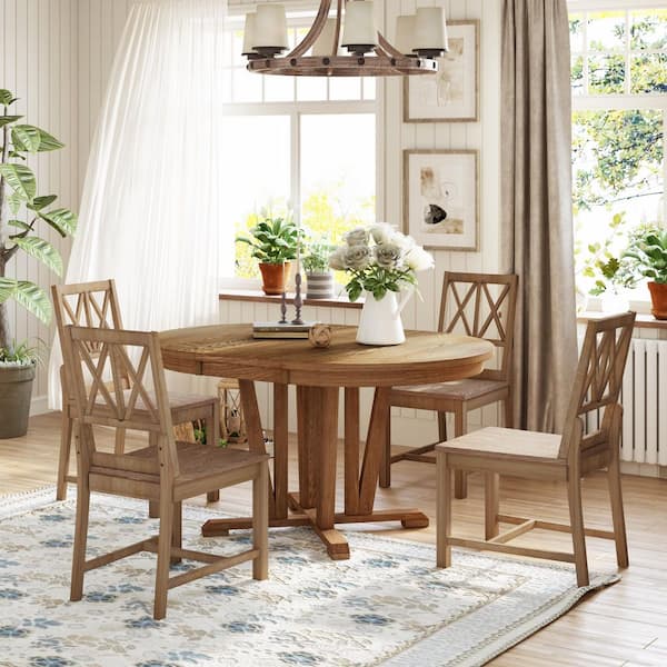 5-Piece Round Brown Wood Extendable Dining Table Set with 15.8 in. Removable Leaf, 4 Cross Back Chairs