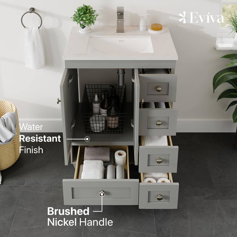 Gray Solid Wood Bathroom Vanity with White Quartz Top, 24-inch