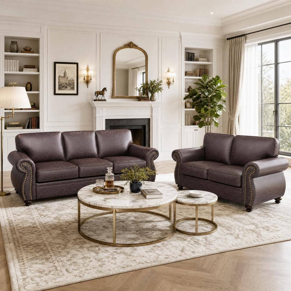 American Style 2-Piece Faux Leather Living Room Sofa Set with Rivet Trim, Loveseat & 3-Seat Sofa, Brown