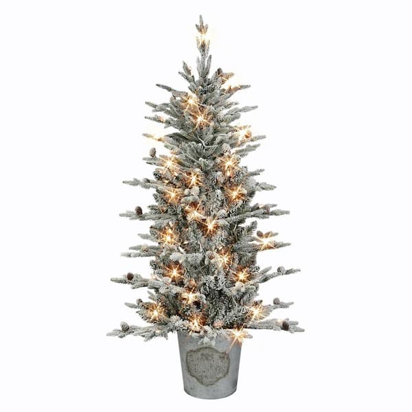 Puleo International 4.5 ft. Pre-Lit PE/PVC Flocked Artificial Christmas Tree, 638 Tips, 100 UL Clear Incandescent Lights