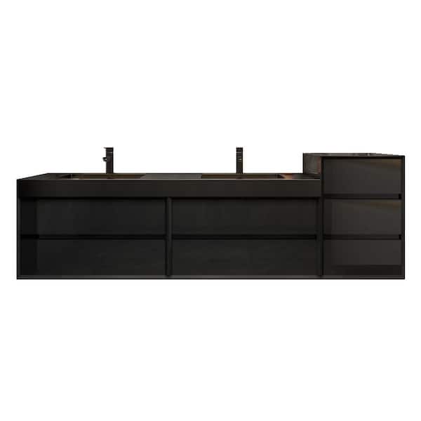 MIA 91 in. W x 20 in. D x 30 in. H Double Sink & Side Cabinet Bath Vanity in Gloss Black with Black Stainless Steel Top