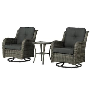 Patio Swivel Wicker Outdoor Rocking Chairs 2-Pieces and Side Table Sets with Dark Gray Cushion (Set of 2)