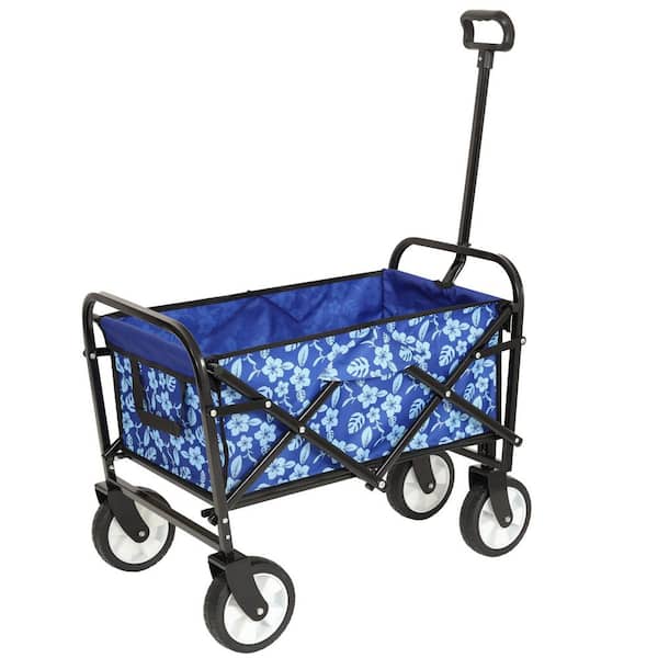 2 cu. ft. Steel Frame Outdoor Garden Cart Waterproof Fabric Folding Wagon with fixed belt, Blue Flower Texture